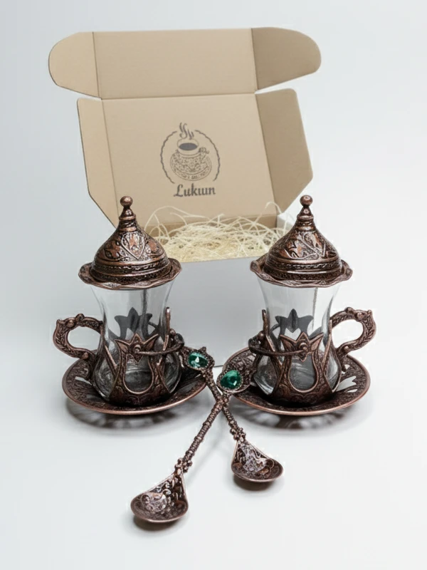 Набір 2 турецькі чайні чашки Армуди 130 мл мідь з ложками та подарунковим пакуванням Набір 2 турецькі чайні чашки Армуди 130 мл мідь з ложками та подарунковим пакуванням